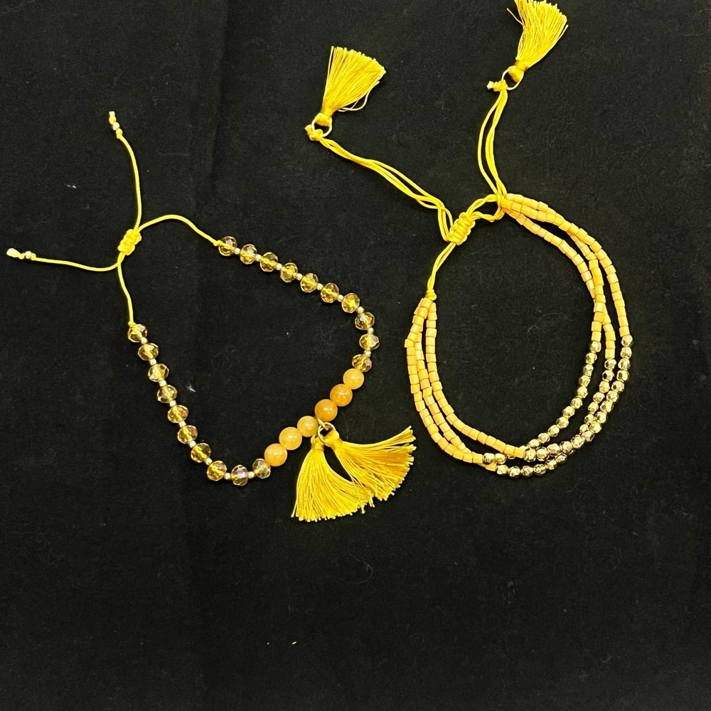 Yellow Beaded Tassel Bracelet Set Bohemian Adjustable Sliding Knot 2pc